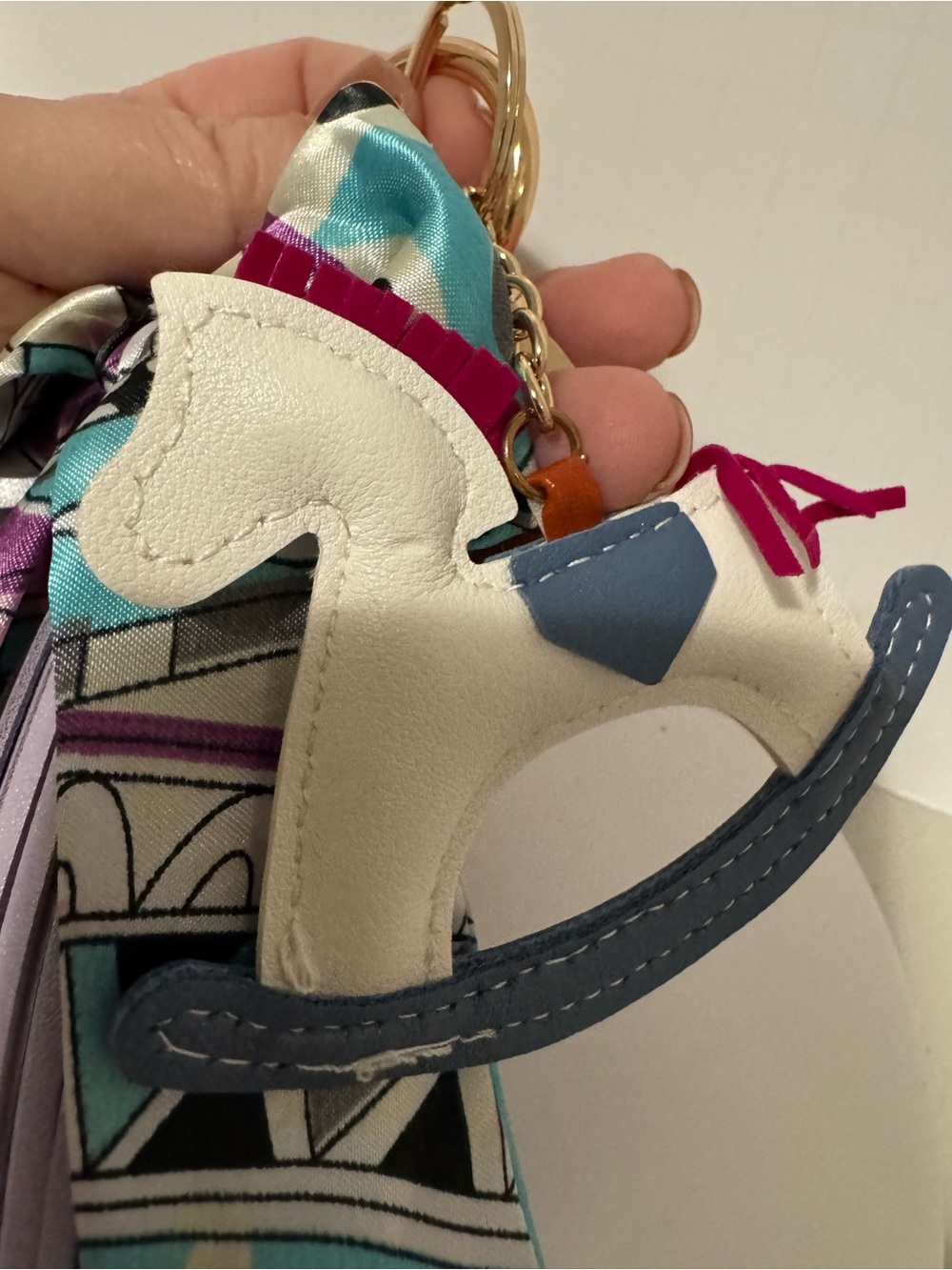 White & Blue Rocking Horse Keychain Charm